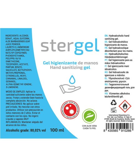 STERGEL - GEL HIDROALCOHÓLICO HIGIENIZANTE DE MANOS ALOE VERA 100ML