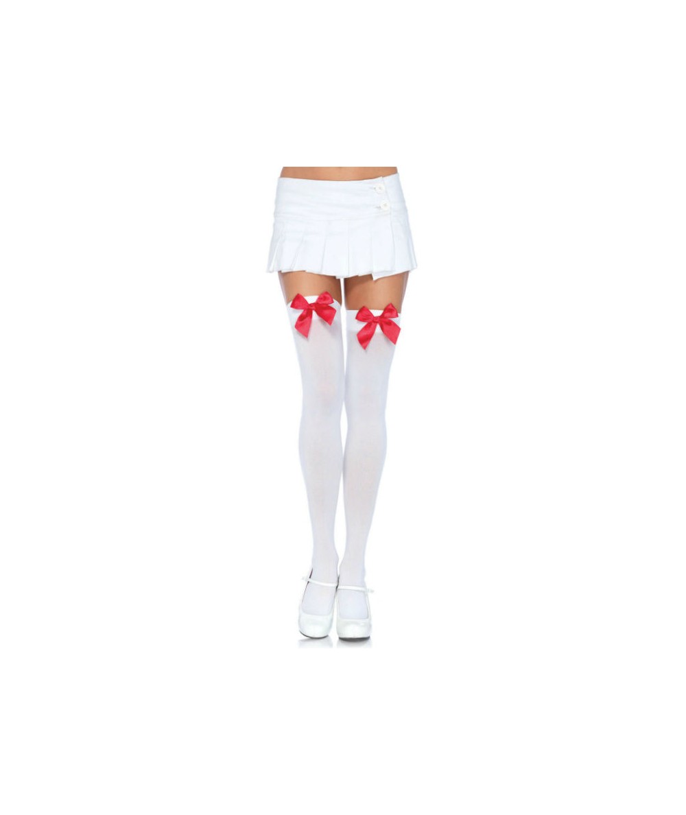 LEG AVENUE MEDIAS NYLON BLANCO Y LAZO ROJO