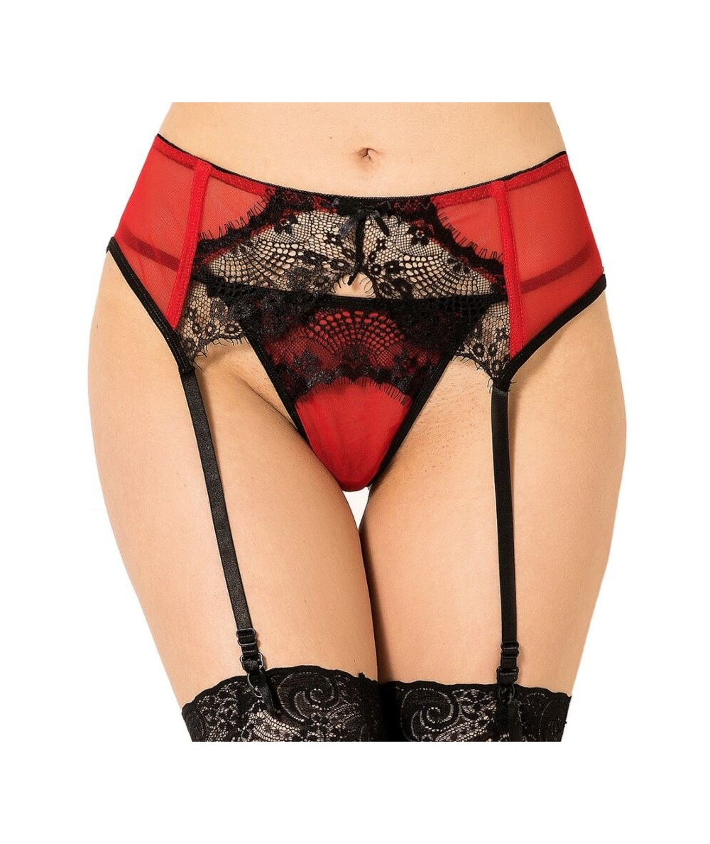 QUEEN LINGERIE TANGA CON LIGUERO DE ENCAJES ROJO S/M