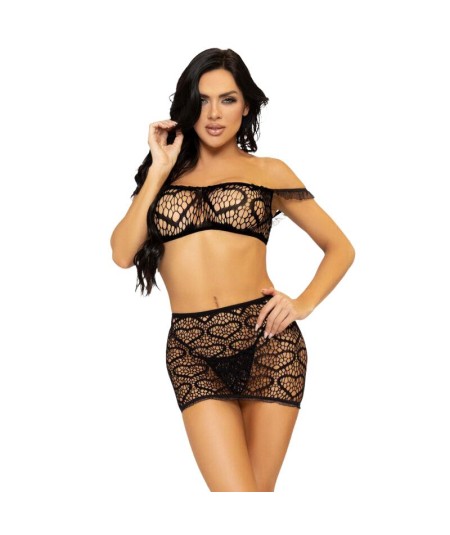 LEG AVENUE SET TRES PIEZAS TOP, MINI FALDA Y TANGA TALLA UNICA - NEGRO