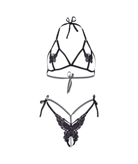 LEG AVENUE SET DOS PIEZAS SUJETADOR Y TANGA DE MARIPOSAS Y PERLAS TALLA UNICA - NEGRO