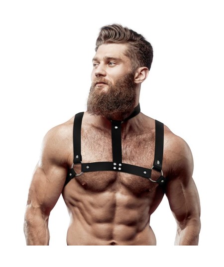 FETISH SUBMISSIVE ATTITUDE - ARNÉS AJUSTABLE ECOPIEL PECHO CON COLLAR HOMBRE