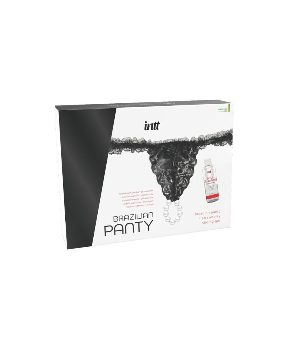 INTT RELEASES - PANTY BRASILEÑA NEGRA CON PERLAS Y GEL LUBRICANTE 50 ML