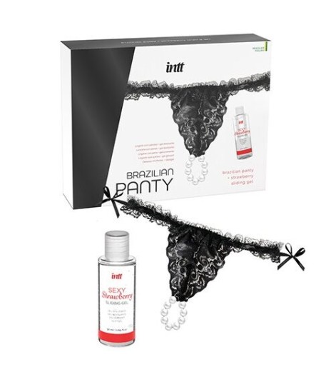 INTT RELEASES - PANTY BRASILEÑA NEGRA CON PERLAS Y GEL LUBRICANTE 50 ML