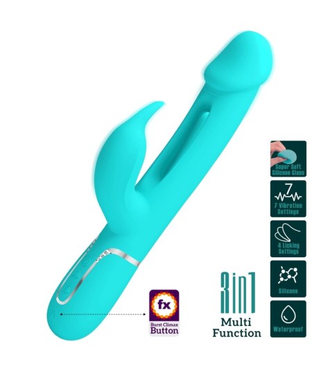 PRETTY LOVE - KAMPAS VIBRADOR RABBIT 3 EN 1 MULTIFUNCIÓN CON LENGUA VERDE AGUA