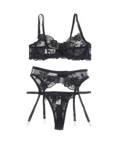 SUBBLIME - SET DE 3 PIEZAS SUJETADOR + TANGA + LIGA ESTAMPADO FLORAL NEGRO S/M