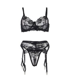 SUBBLIME - SET DE 3 PIEZAS SUJETADOR + TANGA + LIGA ESTAMPADO FLORAL NEGRO S/M