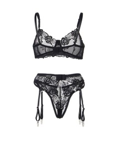 SUBBLIME - SET DE 3 PIEZAS SUJETADOR + TANGA + LIGA ESTAMPADO FLORAL NEGRO S/M