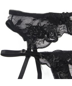 SUBBLIME - SET DE 3 PIEZAS SUJETADOR + TANGA + LIGA ESTAMPADO FLORAL NEGRO S/M