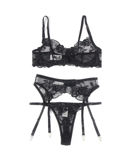 SUBBLIME - SET DE 3 PIEZAS SUJETADOR + TANGA + LIGA ESTAMPADO FLORAL NEGRO L/XL