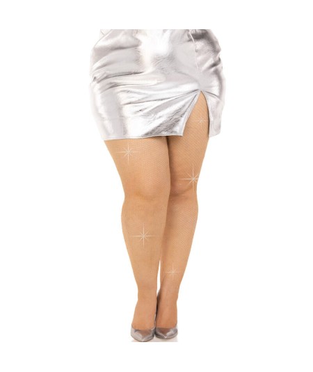 LEG AVENUE - MEDIAS REJILLA CRISTALIZADA CARAMELO PLUS SIZE