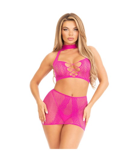 LEG AVENUE - TOP & FALDA DE ENCAJE ABIERTO FUCSIA