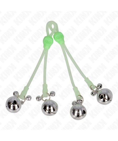 KINK - PINZAS PARA PEZONES LUMINOSAS FORMA CALABERA CON CASCABEL SONORO AJUSTABLE VERDE / PLATEADO