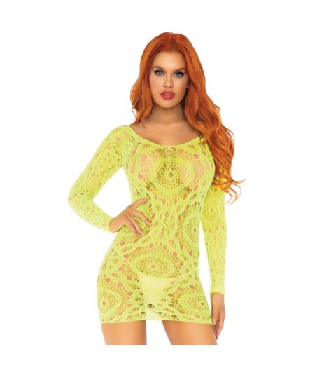 LEG AVENUE - MINI VESTIDO DE ENCAJES MANGA LARGA NEON TALLA UNICA