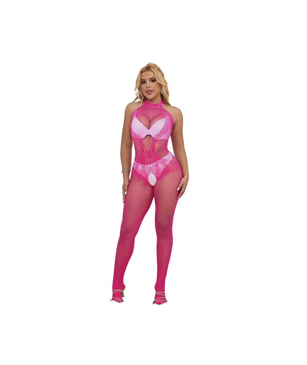 SUBBLIME - 952389 BODYSTOCKING CROTCHLESS DE REJILLA Y ENCAJE CON CUELLO ALTO ROSA TALLA ÚNICA