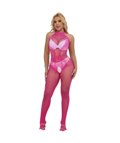 SUBBLIME - 952389 BODYSTOCKING CROTCHLESS DE REJILLA Y ENCAJE CON CUELLO ALTO ROSA TALLA ÚNICA