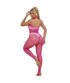 SUBBLIME - 952389 BODYSTOCKING CROTCHLESS DE REJILLA Y ENCAJE CON CUELLO ALTO ROSA TALLA ÚNICA