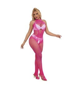 SUBBLIME - 952389 BODYSTOCKING CROTCHLESS DE REJILLA Y ENCAJE CON CUELLO ALTO ROSA TALLA ÚNICA