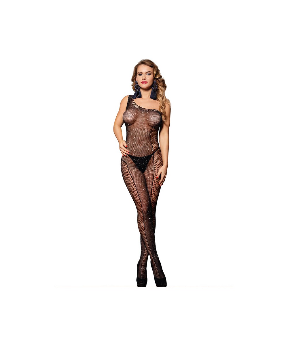 SUBBLIME - 952037 BODYSTOCKING DE REJILLA DE UN HOMBRO CON DIAMANTES NEGRO TALLA ÚNICA