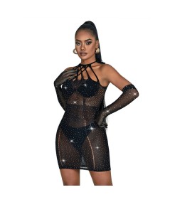 SUBBLIME - 952235 BODYSTOCKING DE REJILLA CON BRILLANTES Y GUANTES NEGRO TALLA ÚNICA