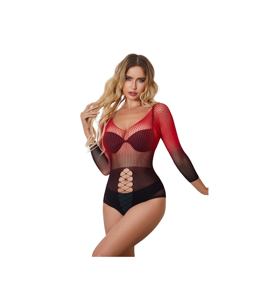 SUBBLIME - 952259 BODYSTOCKING DE REJILLA ELSTICO MANGA LARGA DEGRADADO ROJO Y NEGRO TALLA ÚNICA