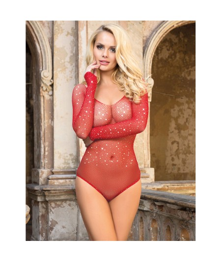 SUBBLIME - 952303 BODYSTOCKING DE REJILLA BRILLANTE CON HOMBROS DESCUBIERTOS MANGA LARGA ROJO TALLA ÚNICA