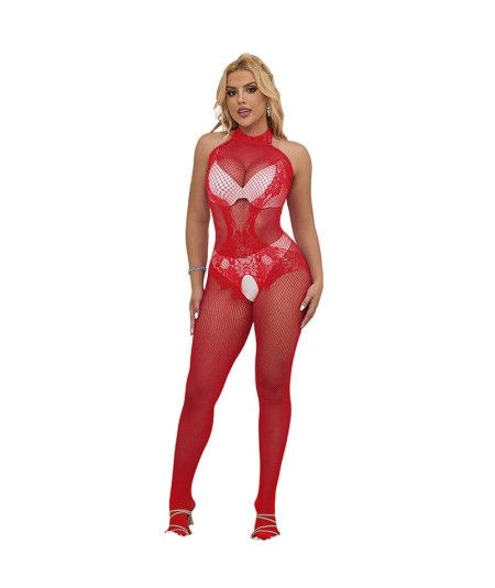 SUBBLIME - 952372 BODYSTOCKING CROTCHLESS DE REJILLA Y ENCAJE CON CUELLO ALTO ROJO TALLA ÚNICA