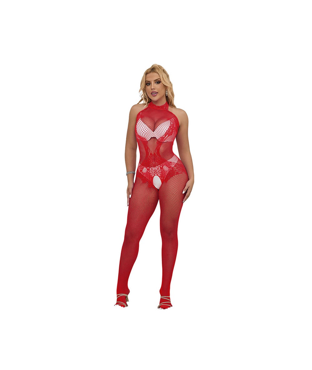 SUBBLIME - 952372 BODYSTOCKING CROTCHLESS DE REJILLA Y ENCAJE CON CUELLO ALTO ROJO TALLA ÚNICA