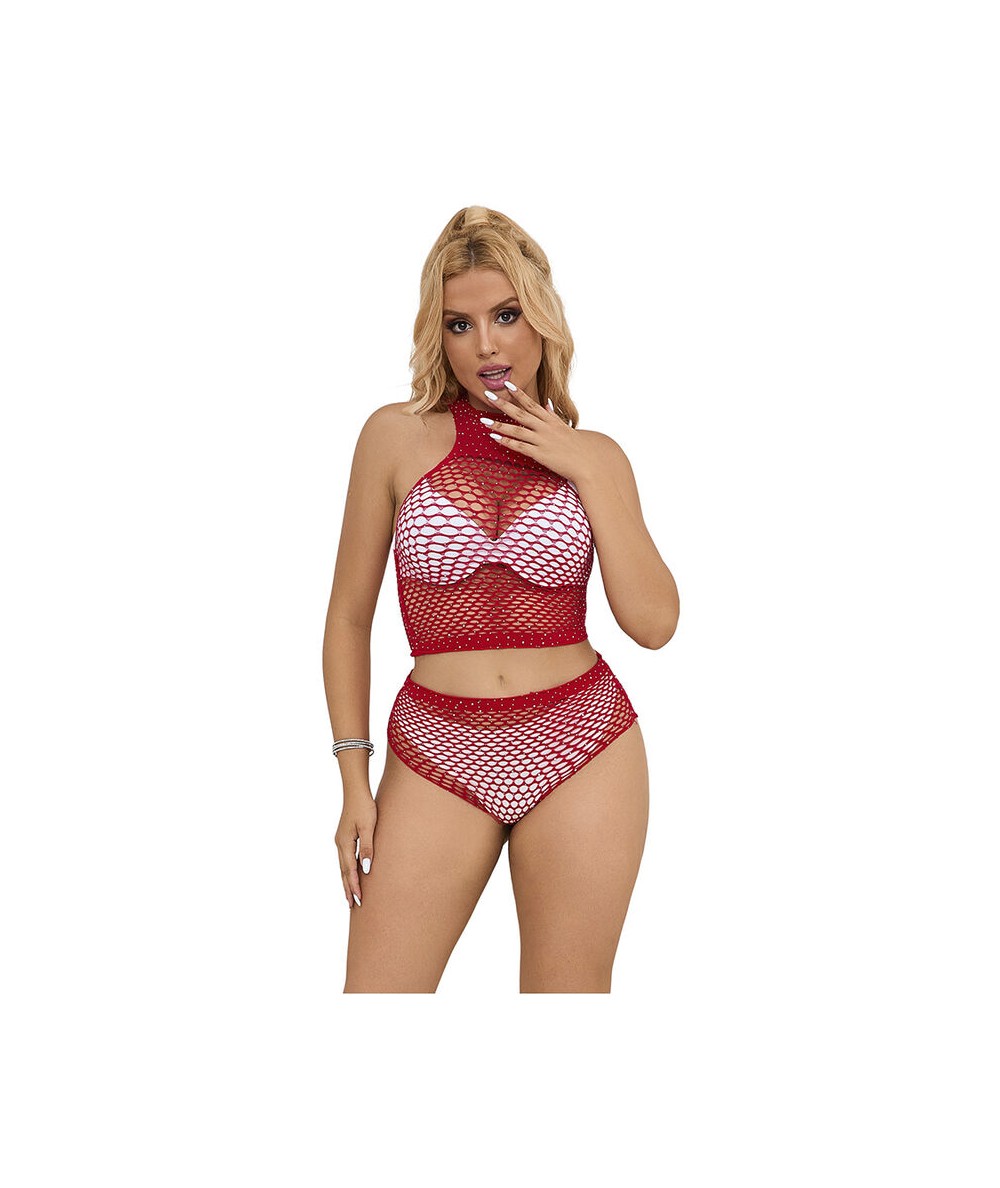 SUBBLIME - 952402 BODYSTOCKING CONJUNTO DE REJILLA CON BRILLANTES ROJO TALLA ÚNICA