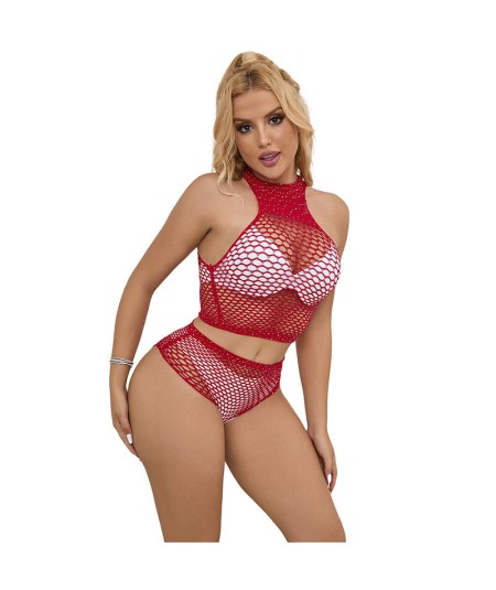 SUBBLIME - 952402 BODYSTOCKING CONJUNTO DE REJILLA CON BRILLANTES ROJO TALLA ÚNICA