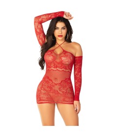 LEG AVENUE - MINIVESTIDO DE REJILLA CON HOMBROS DESCUBIERTOS Y MANGA LARGA ROJO