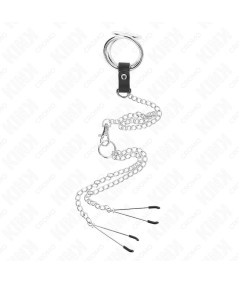 KINK - ANILLO PENE TRIPLE METAL CROMADO 3 CM A 4.5 CM CON CADENA METAL 26 CM Y PINZAS PARA PEZONES