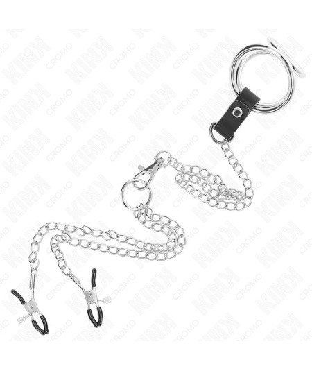 KINK - ANILLO PENE TRIPLE METAL CROMADO 3.8 CM A 5 CM CON CADENA METAL 26 CM Y PINZAS PARA PEZONES MODELO 1