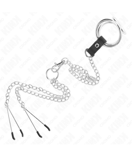 KINK - ANILLO PENE TRIPLE METAL CROMADO 3.8 CM A 5 CM CON CADENA METAL 26 CM Y PINZAS PARA PEZONES MODELO 2